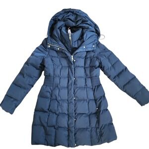 Cole Haan Puffer Parka Women Medium Navy Quilted Hooded Winter Coat Chic Warm